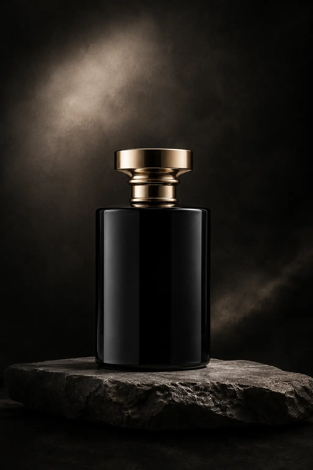 Frasco negro de perfume DREAMS sobre piedra